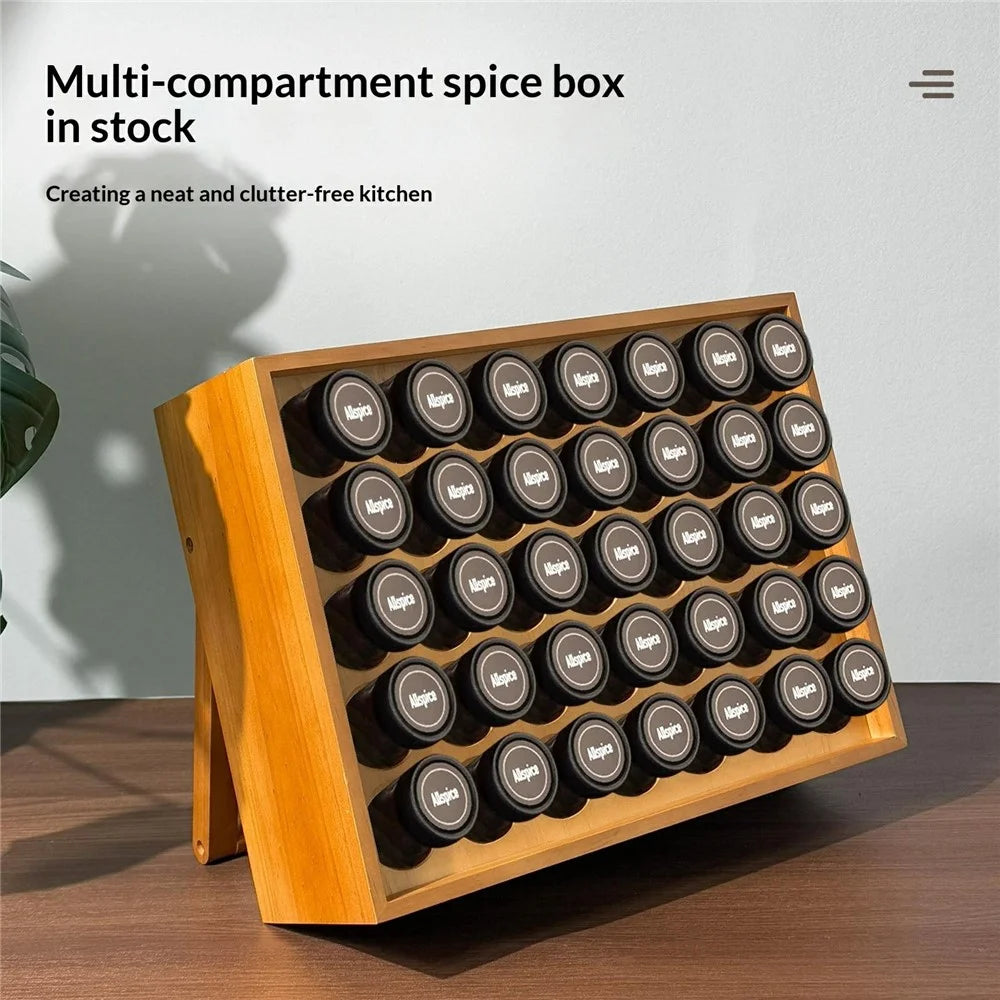 40x30x13cm Wooden Spice Rack 35-Grid Desktop Wall Mount Organizer Holder Stand - 2