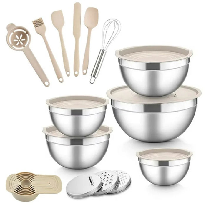 13Pcs Stainless Steel Mixing Bowl Set with Airtight Lids Non-slip Silicone Bottom Salad Bowl Baking Kitchen Tools - Khaki - 1