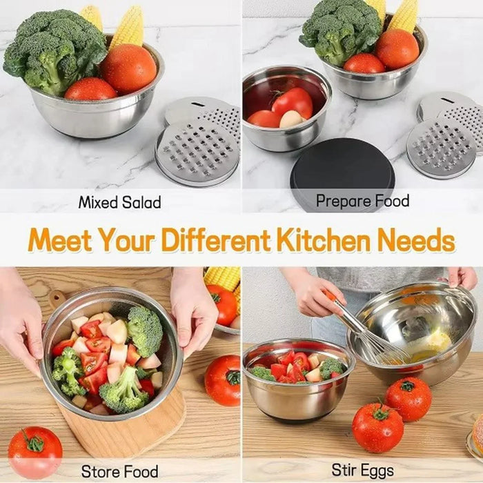 13Pcs Stainless Steel Mixing Bowl Set with Airtight Lids Non-slip Silicone Bottom Salad Bowl Baking Kitchen Tools - Khaki - 3