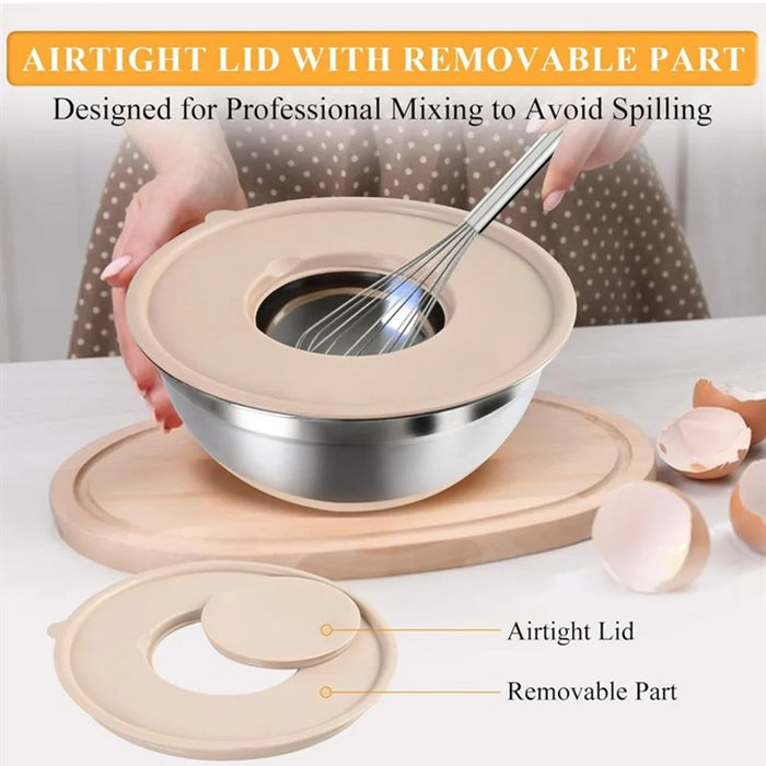13Pcs Stainless Steel Mixing Bowl Set with Airtight Lids Non-slip Silicone Bottom Salad Bowl Baking Kitchen Tools - Khaki - 4