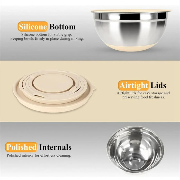 13Pcs Stainless Steel Mixing Bowl Set with Airtight Lids Non-slip Silicone Bottom Salad Bowl Baking Kitchen Tools - Khaki - 5