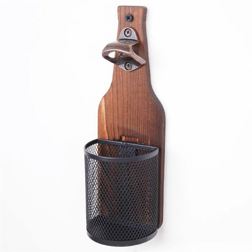 Wall Mounted Wood Beer Bottle Opener with Metal Cap Catcher Basket Vintage Style Bottle Lid Opener - 1