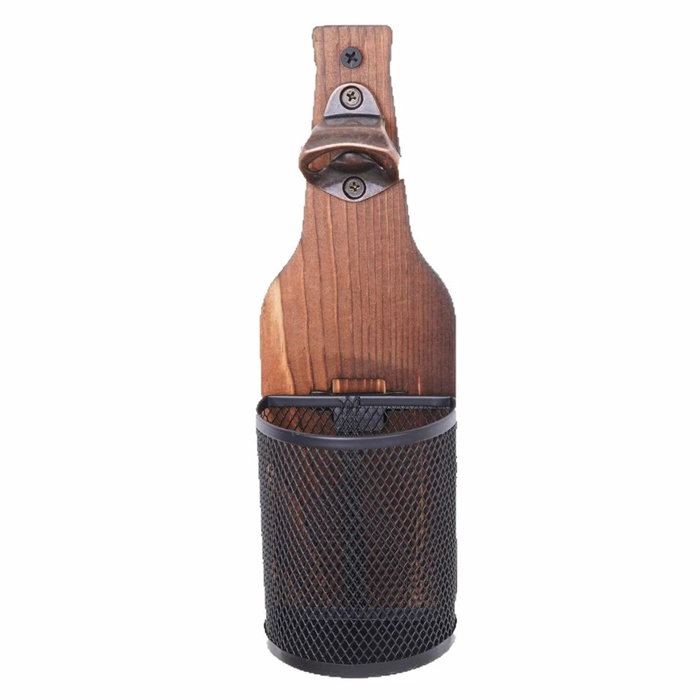 Wall Mounted Wood Beer Bottle Opener with Metal Cap Catcher Basket Vintage Style Bottle Lid Opener - 2