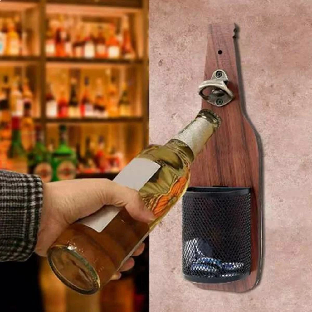 Wall Mounted Wood Beer Bottle Opener with Metal Cap Catcher Basket Vintage Style Bottle Lid Opener - 5