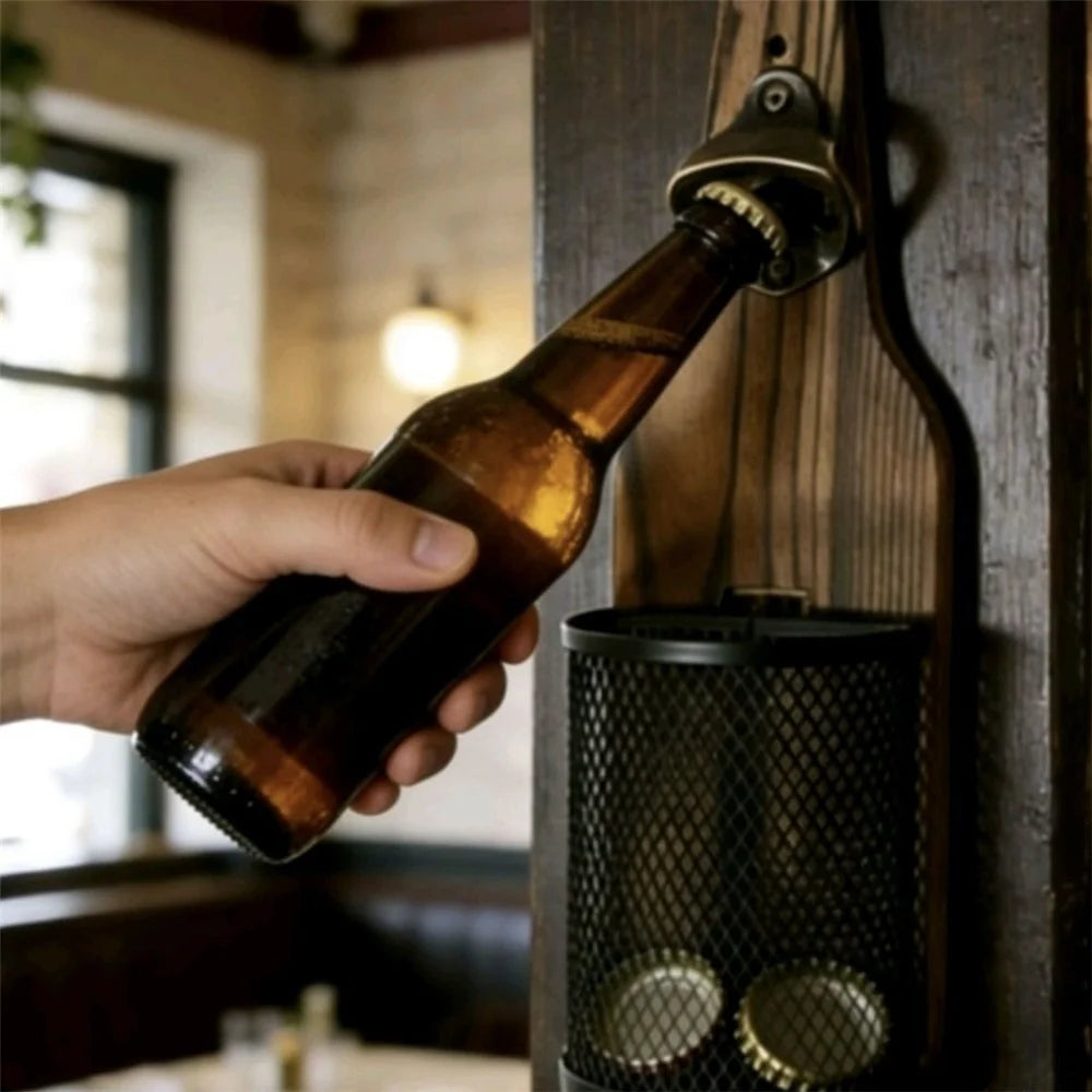 Wall Mounted Wood Beer Bottle Opener with Metal Cap Catcher Basket Vintage Style Bottle Lid Opener - 6