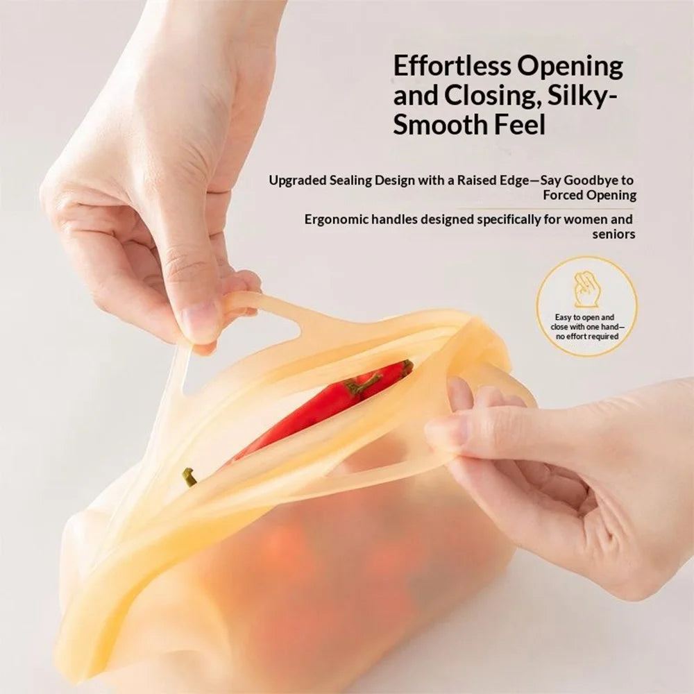 1000ml Silicone Food Storage Bags Wide Opening Reusable Pouch for Kitchen Travel (FDA Certified, BPA Free) - Transparent Orange - 3