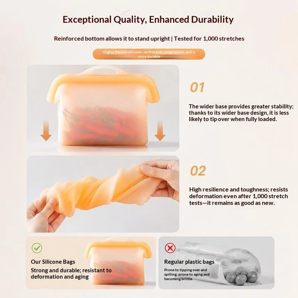 1000ml Silicone Food Storage Bags Wide Opening Reusable Pouch for Kitchen Travel (FDA Certified, BPA Free) - Transparent Orange - 7