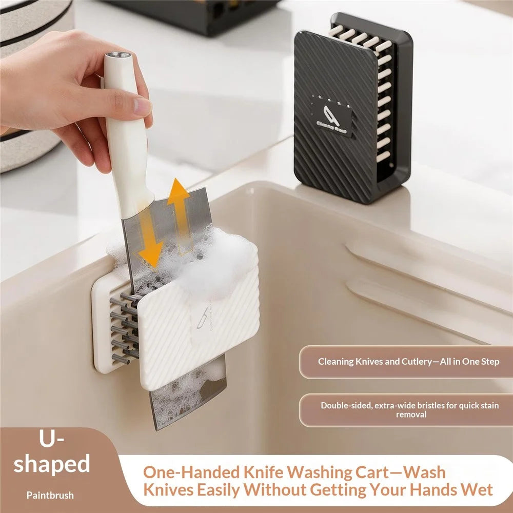 U-Shaped Double-Sided Knife Cleaning Brush Wall Mount Cleaning Brush for Kitchen - Beige - 3