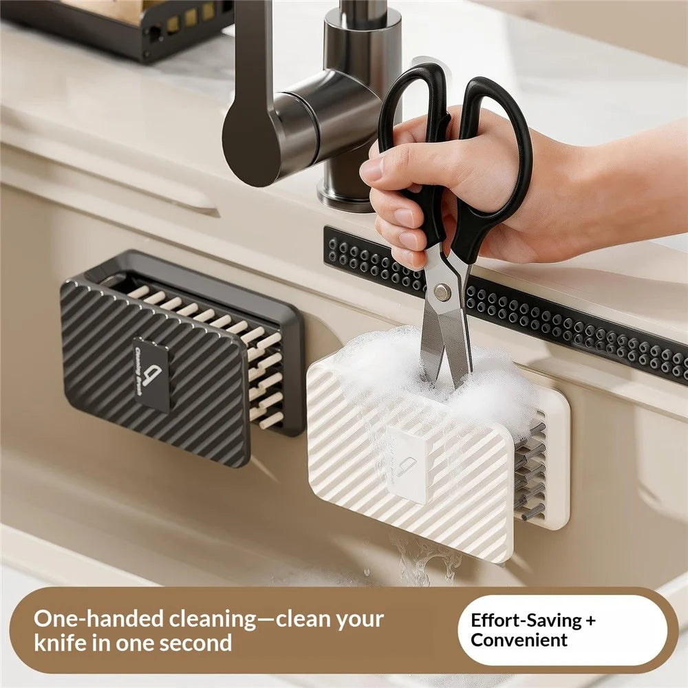 U-Shaped Double-Sided Knife Cleaning Brush Wall Mount Cleaning Brush for Kitchen - Beige - 4