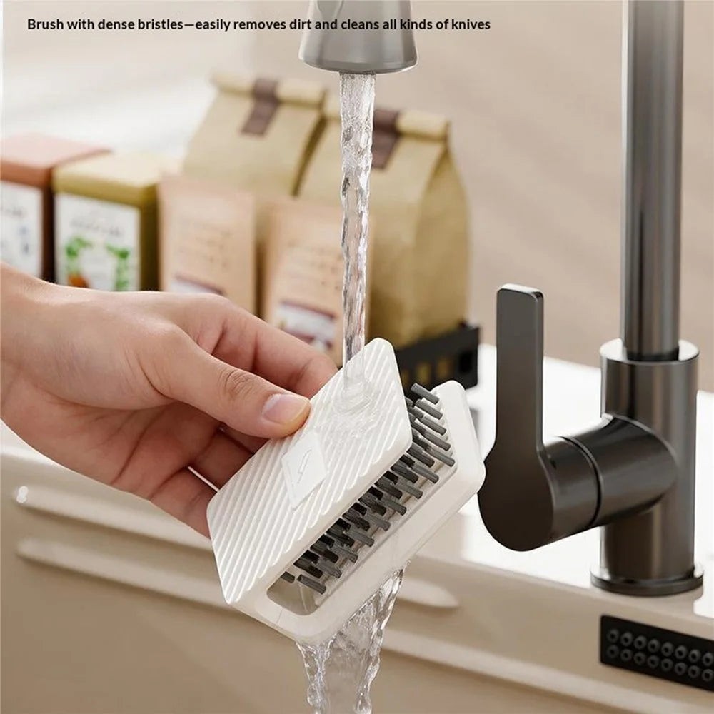 U-Shaped Double-Sided Knife Cleaning Brush Wall Mount Cleaning Brush for Kitchen - Beige - 7