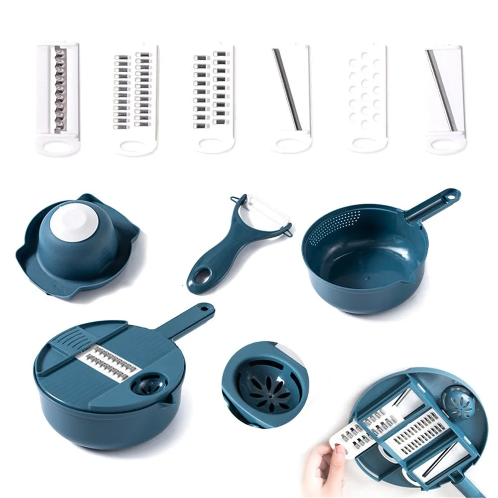 12-in-1 Multifunctional Vegetable Cutter Set Home Kitchen Julienne Shredder Potato Slicer (with FDA, BPA-Free) - Blue - 1