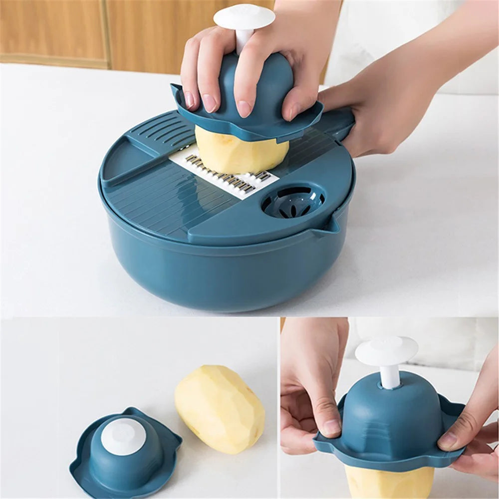 12-in-1 Multifunctional Vegetable Cutter Set Home Kitchen Julienne Shredder Potato Slicer (with FDA, BPA-Free) - Blue - 6