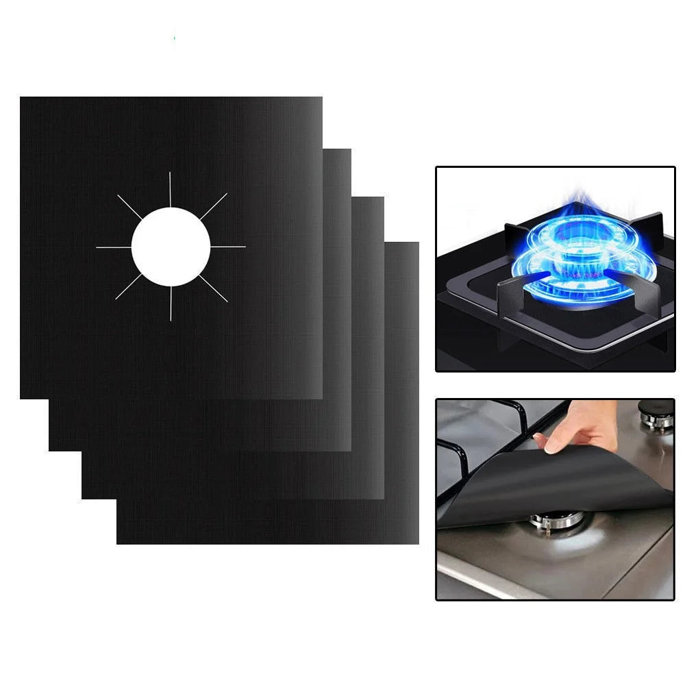 4PCS Non-Stick Gas Range Protectors Mats Fiberglass Cloth Oil-proof Covers Stove Burner Gas Stove Burner Liners - Black - 1