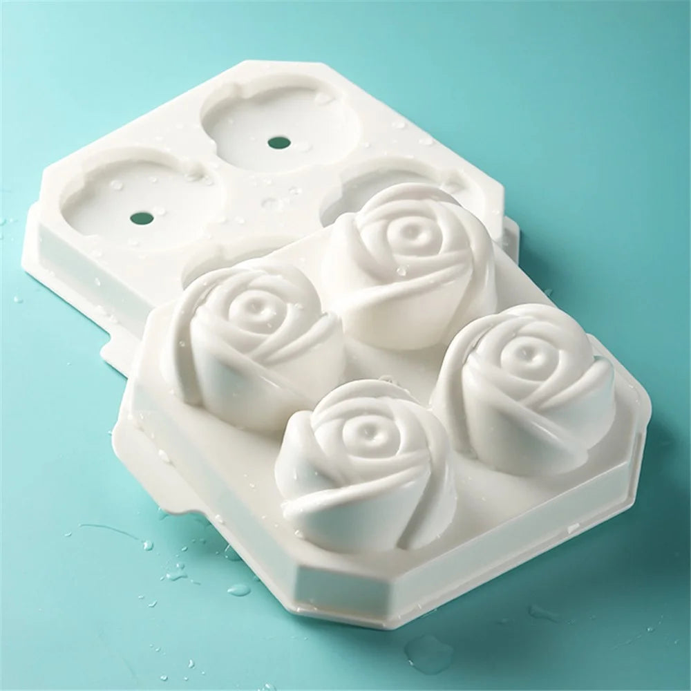 4 Cells Large Ice Ball Making Tray PP Frozen Ice Cube Mold for Whiskey Drink (BPA Free, No FDA Certificate) - Rose Flower Shape - 5
