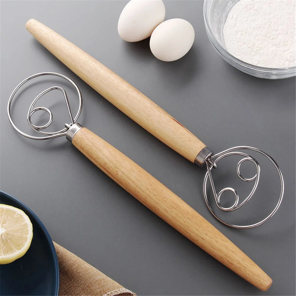 Flour Stirrer Wood Handle Stainless Steel Coil Dough Stirrer Kitchen Tool (BPA Free, No FDA) - Double Coil - 2