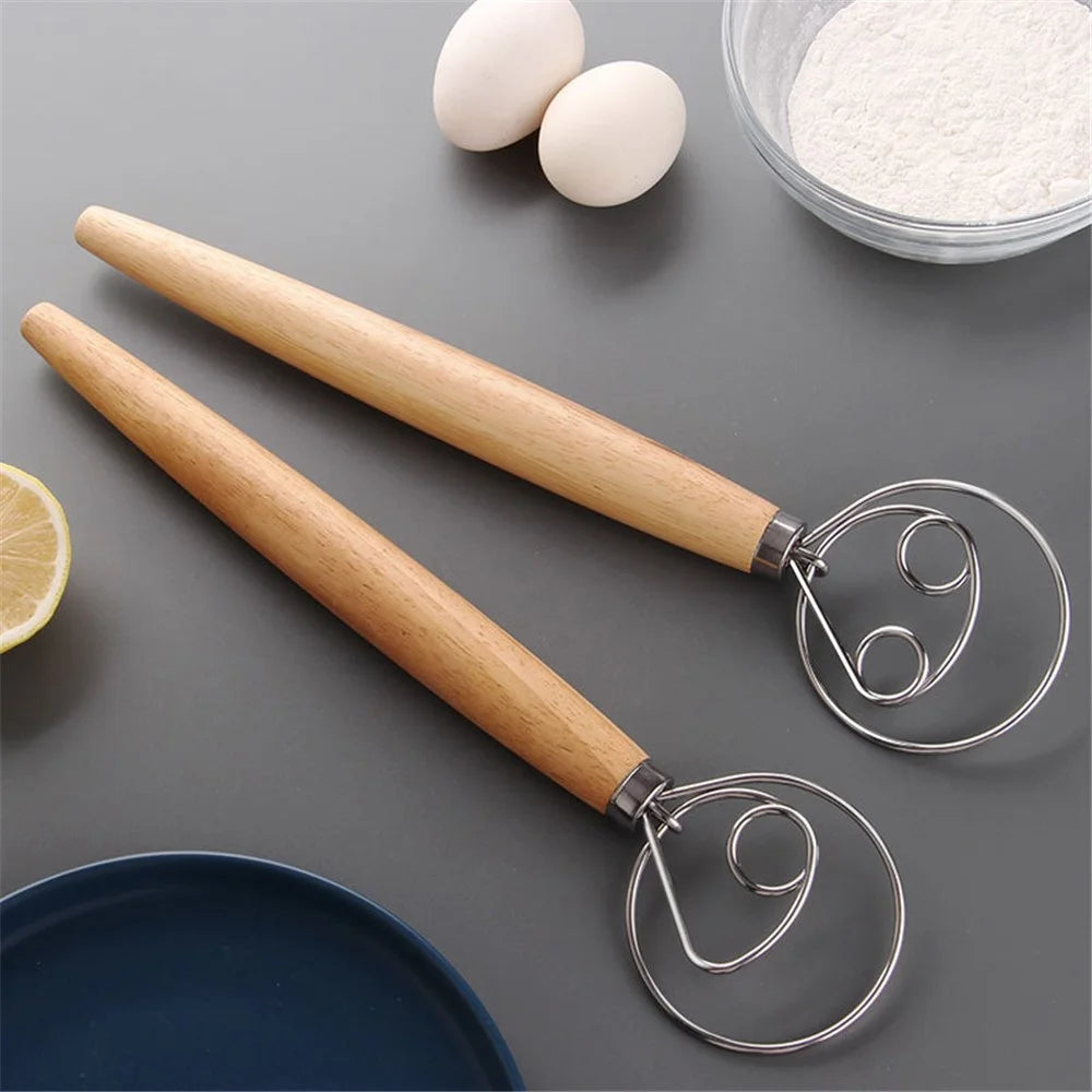 Flour Stirrer Wood Handle Stainless Steel Coil Dough Stirrer Kitchen Tool (BPA Free, No FDA) - Double Coil - 3