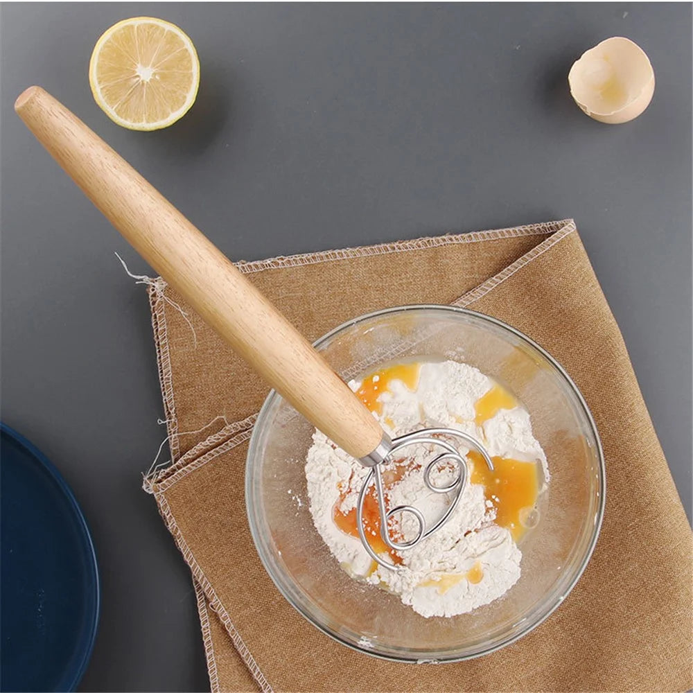 Flour Stirrer Wood Handle Stainless Steel Coil Dough Stirrer Kitchen Tool (BPA Free, No FDA) - Double Coil - 4