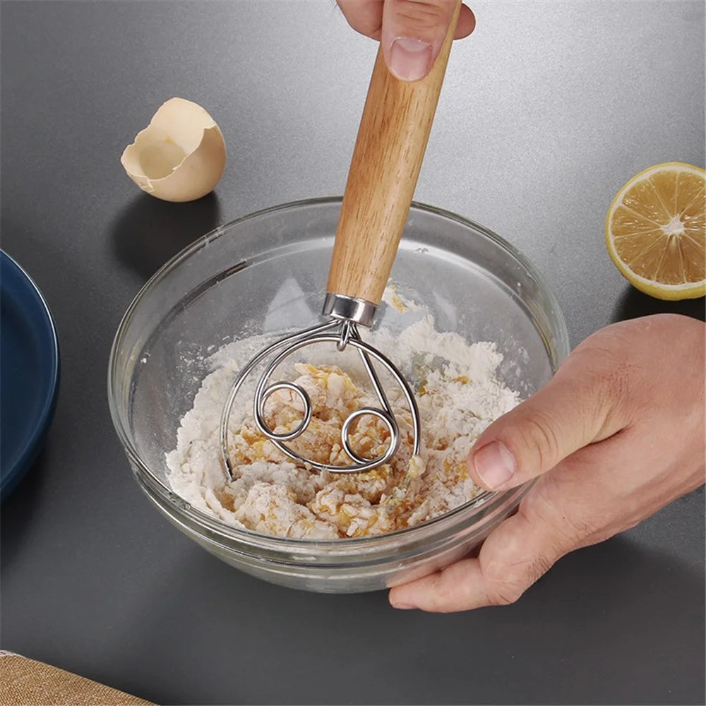 Flour Stirrer Wood Handle Stainless Steel Coil Dough Stirrer Kitchen Tool (BPA Free, No FDA) - Double Coil - 5