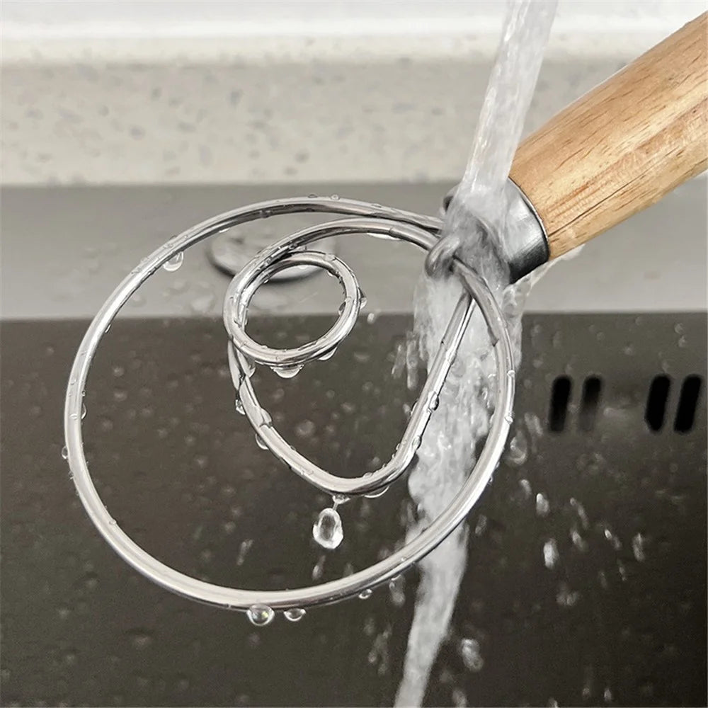 Flour Stirrer Wood Handle Stainless Steel Coil Dough Stirrer Kitchen Tool (BPA Free, No FDA) - Double Coil - 6