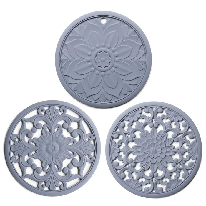 3Pcs 16*16cm Chinese Hollow Carving Cup Mat Heat Insulation Placemat Silicone Coaster - Grey - 1