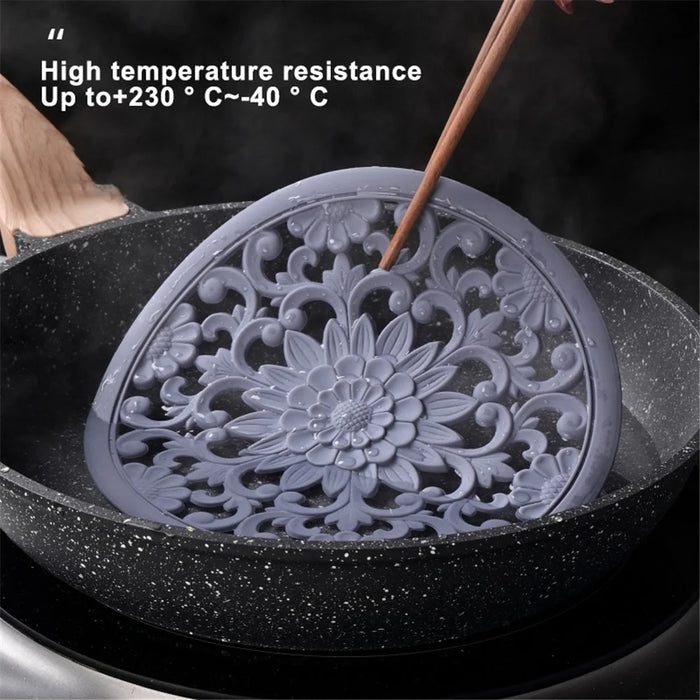 3Pcs 16*16cm Chinese Hollow Carving Cup Mat Heat Insulation Placemat Silicone Coaster - Grey - 2