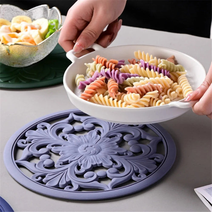 3Pcs 16*16cm Chinese Hollow Carving Cup Mat Heat Insulation Placemat Silicone Coaster - Grey - 5