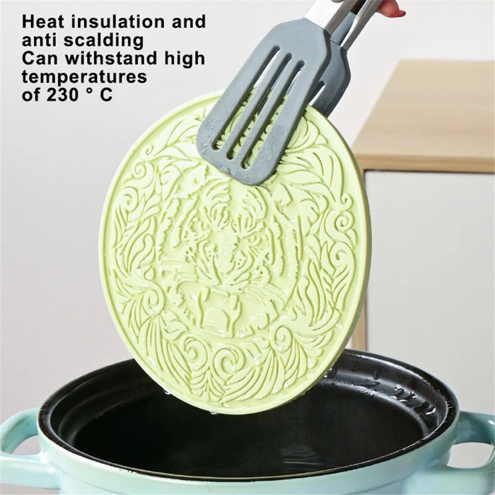 17*17cm Tiger Pattern Round Silicone Heat Resistant Mat Dining Table Placemat - Matcha Green - 4