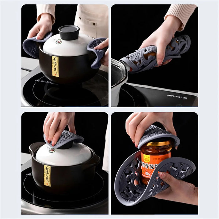 3Pcs 20*20cm Heat Insulation Placemat Chinese Hollow Carving Cup Mat Silicone Coaster - Grey - 6
