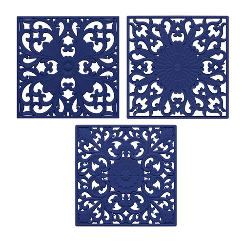 3Pcs / Set 18x18cm Scald Preventing Pot Holder Silicone Pad Hollow Flower Heat Insulation Square Mat - Blue - 1