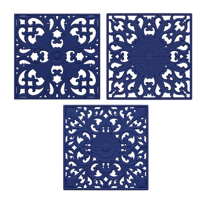 3Pcs / Set 18x18cm Scald Preventing Pot Holder Silicone Pad Hollow Flower Heat Insulation Square Mat - Blue - 1