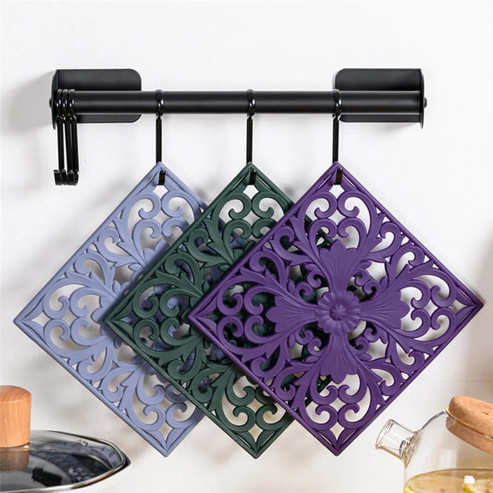 3Pcs / Set 18x18cm Scald Preventing Pot Holder Silicone Pad Hollow Flower Heat Insulation Square Mat - Blue - 6