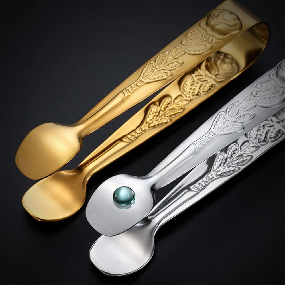 304 Stainless Steel Rose Pattern Mini Food Tongs Ice Cube Clip (BPA Free, No FDA) - Gold - 4