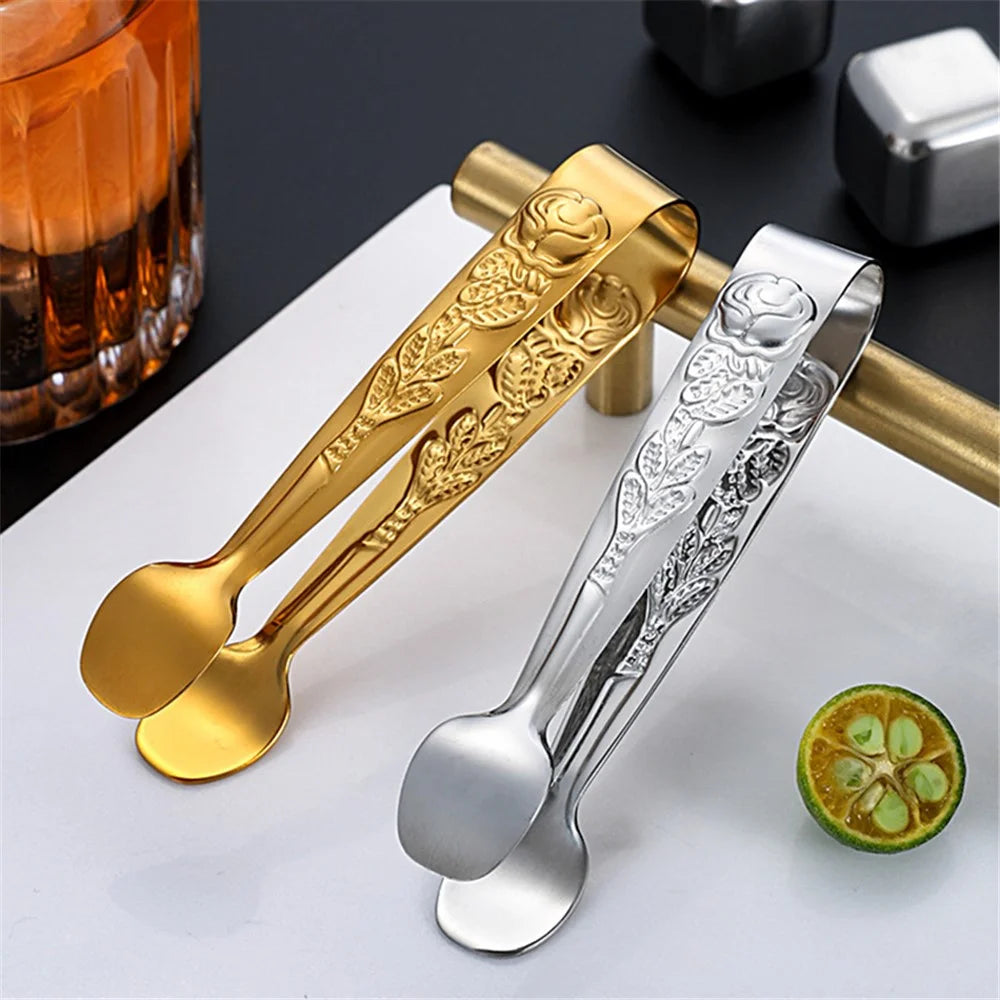 304 Stainless Steel Rose Pattern Mini Food Tongs Ice Cube Clip (BPA Free, No FDA) - Gold - 5