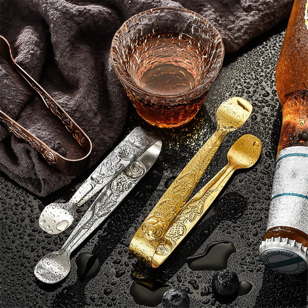 304 Stainless Steel Rose Pattern Mini Food Tongs Ice Cube Clip (BPA Free, No FDA) - Gold - 6