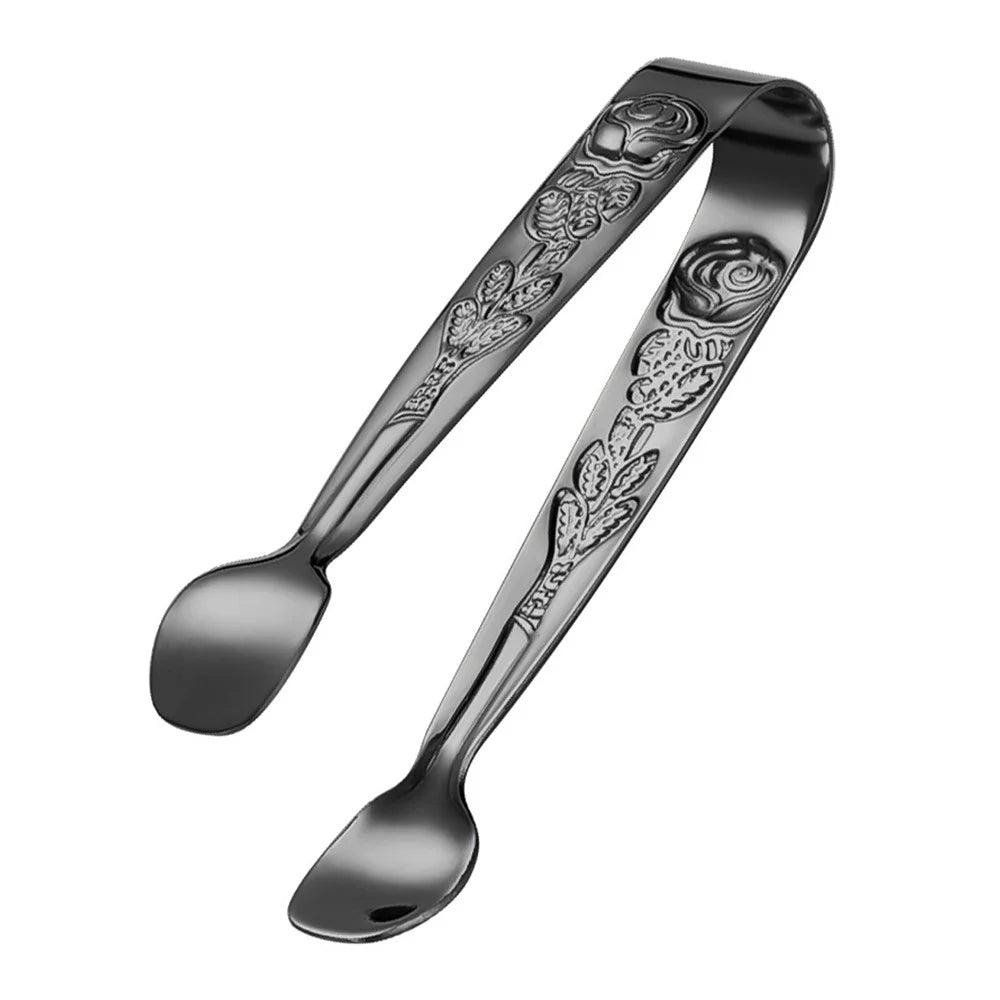 Retro Rose Pattern Ice Cube Clip 304 Stainless Steel Mini Food Tongs (BPA Free, No FDA) - Black - 1