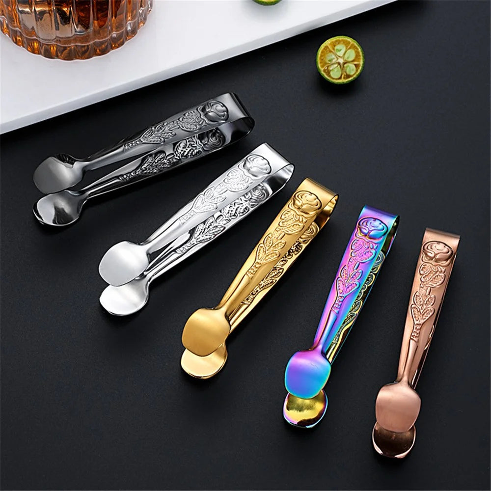 Retro Rose Pattern Ice Cube Clip 304 Stainless Steel Mini Food Tongs (BPA Free, No FDA) - Black - 3
