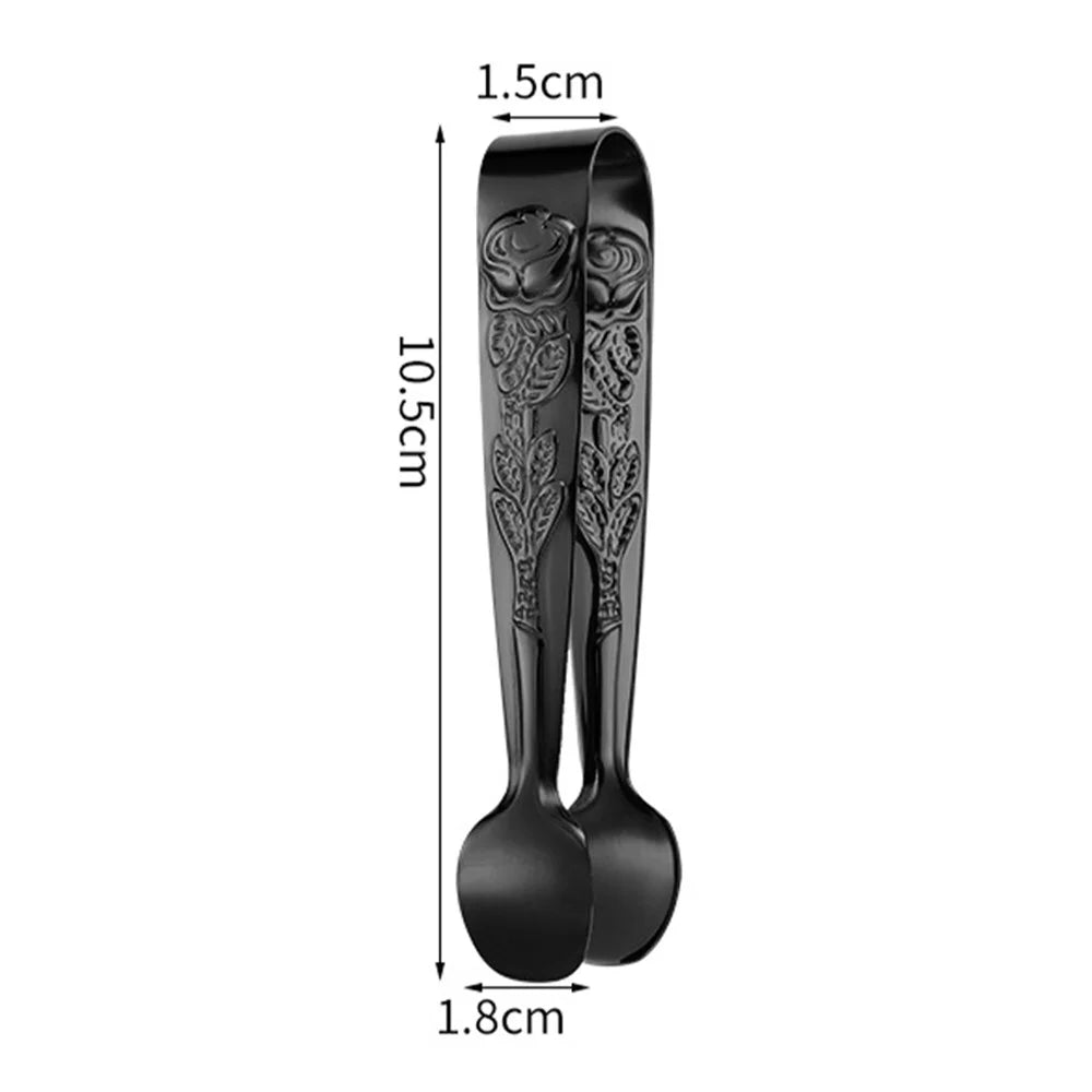 Retro Rose Pattern Ice Cube Clip 304 Stainless Steel Mini Food Tongs (BPA Free, No FDA) - Black - 4
