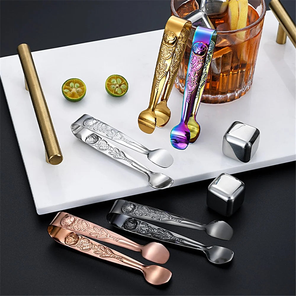 Ice Cube Clip 304 Stainless Steel Rose Pattern Mini Food Tongs (BPA Free, No FDA) - Multi-color - 2