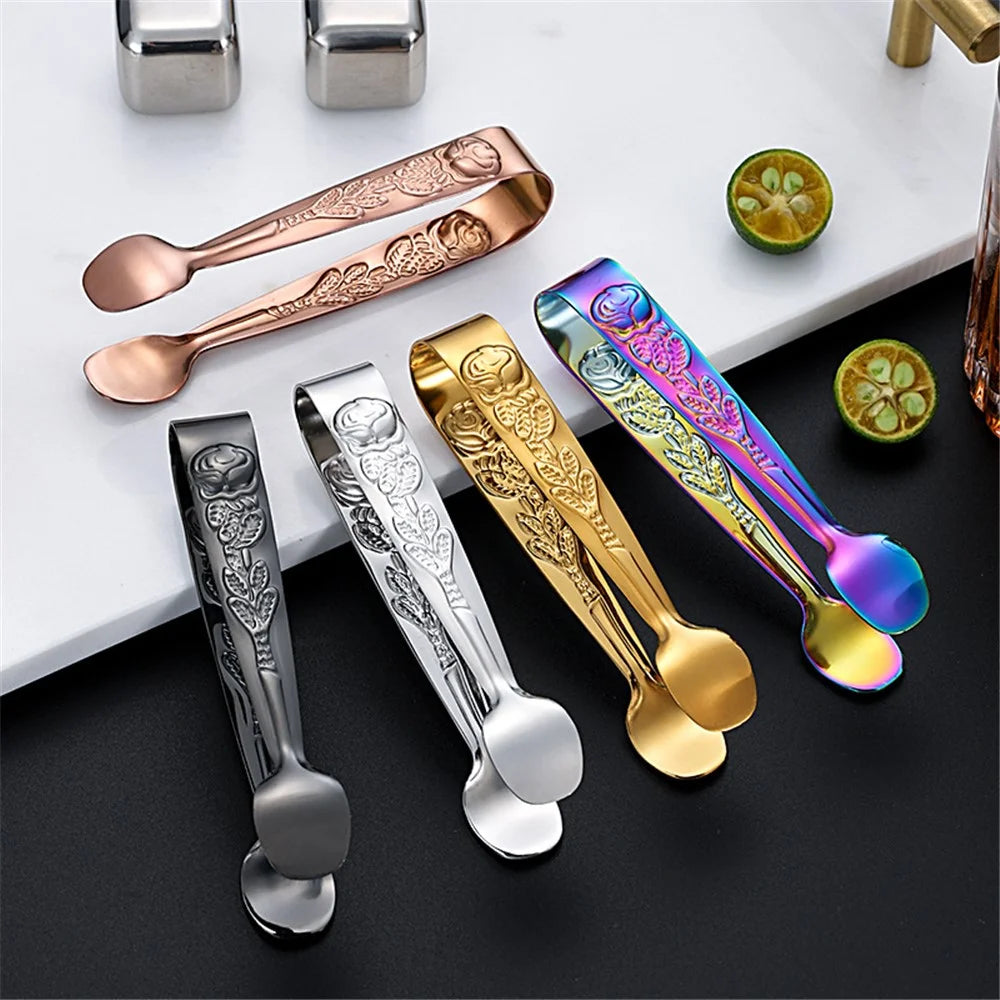 Ice Cube Clip 304 Stainless Steel Rose Pattern Mini Food Tongs (BPA Free, No FDA) - Multi-color - 3