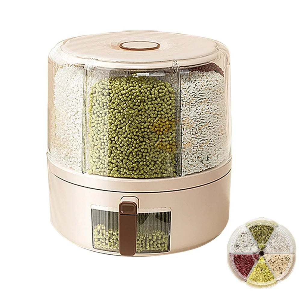 Removable Rotating Grain Storage Box 6 Grids Rice Bucket Moisture-Proof Insect-Proof Sealed Food Dispenser 4L (BPA-Free, NO FDA Certificate) - 1