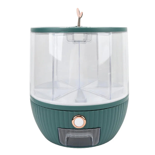 10KG Rotating Cereal Dispenser PET Food Container 6 Compartments Airtight Moisture Proof Grain Bucket (No FDA, BPA Free) - Blackish Green - 1
