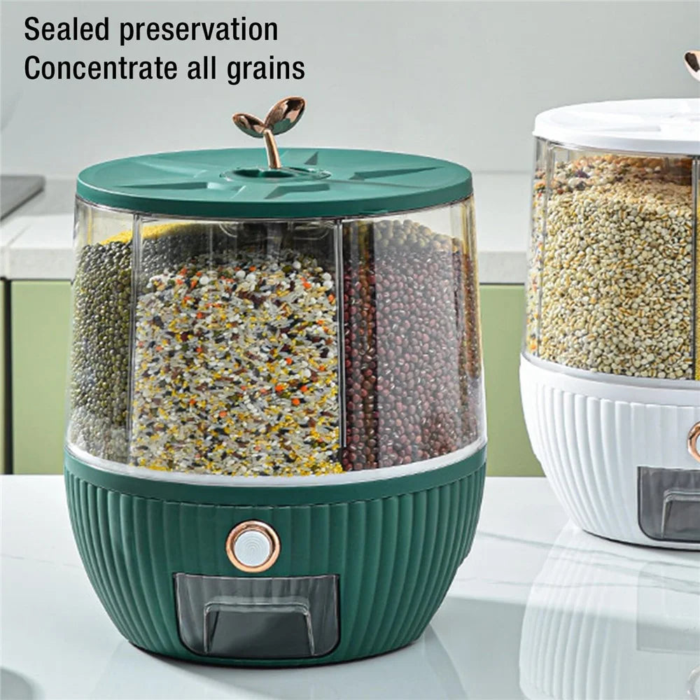 10KG Rotating Cereal Dispenser PET Food Container 6 Compartments Airtight Moisture Proof Grain Bucket (No FDA, BPA Free) - Blackish Green - 2
