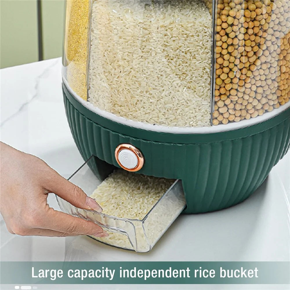 10KG Rotating Cereal Dispenser PET Food Container 6 Compartments Airtight Moisture Proof Grain Bucket (No FDA, BPA Free) - Blackish Green - 3