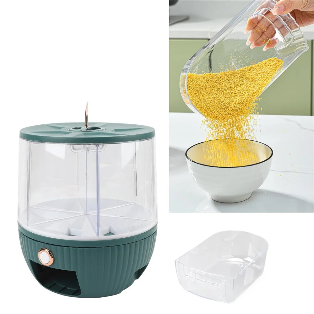 10KG Rotating Cereal Dispenser PET Food Container 6 Compartments Airtight Moisture Proof Grain Bucket (No FDA, BPA Free) - Blackish Green - 4