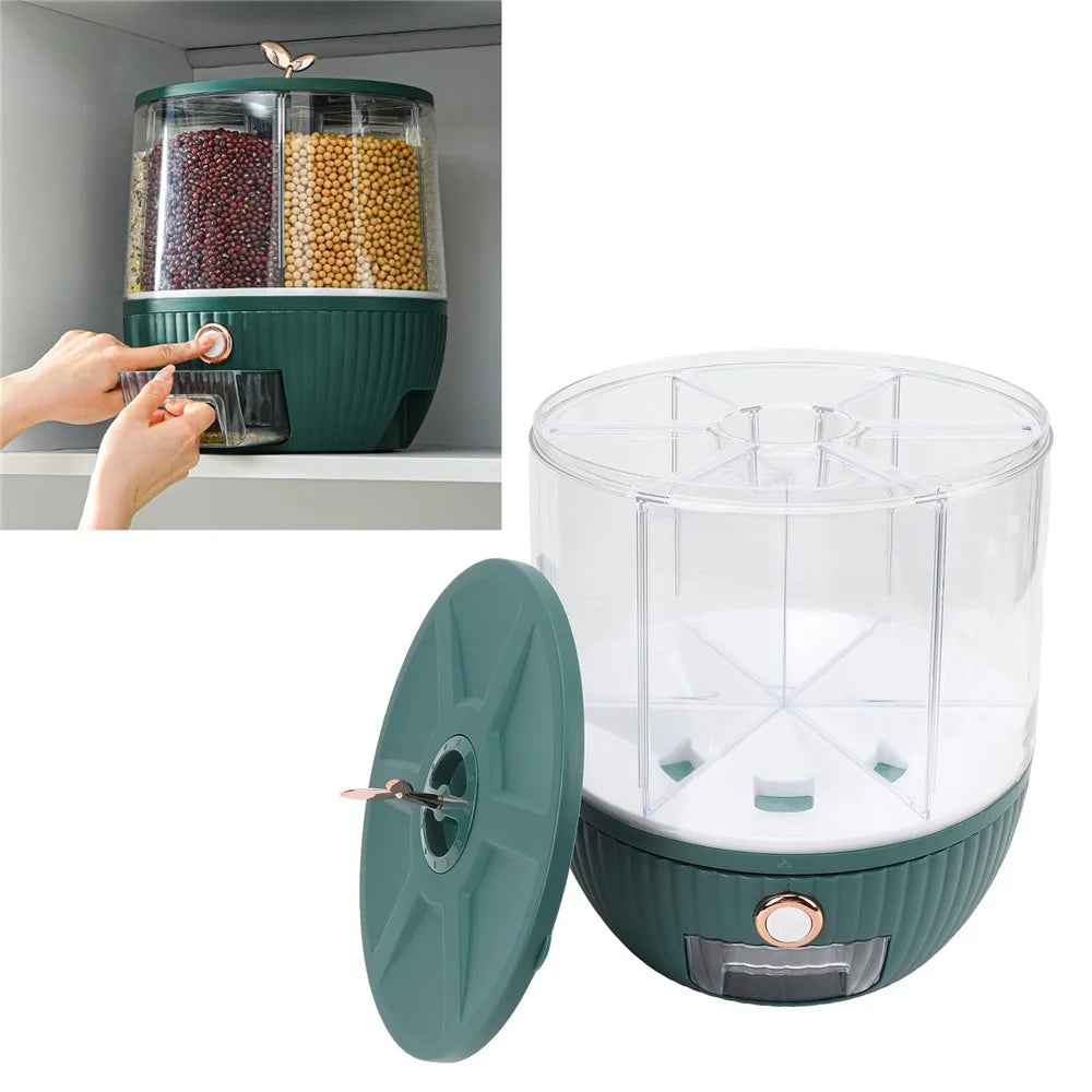 10KG Rotating Cereal Dispenser PET Food Container 6 Compartments Airtight Moisture Proof Grain Bucket (No FDA, BPA Free) - Blackish Green - 6