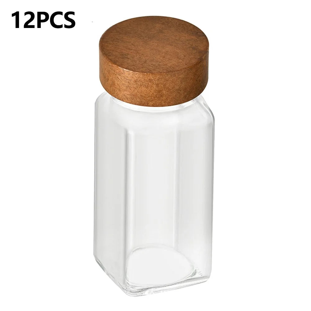 12Pcs 4oz Square Spice Jar Transparent Glass Seasoning Container with Wooden Lid ( No FDA, BPA Free ) - 1