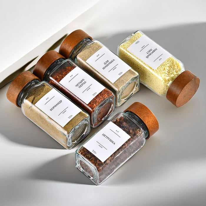 12Pcs 4oz Square Spice Jar Transparent Glass Seasoning Container with Wooden Lid ( No FDA, BPA Free ) - 2