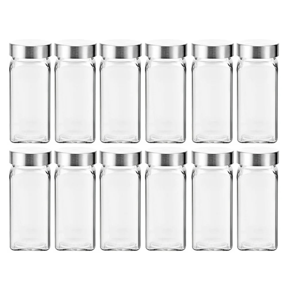 12Pcs 4oz Square Spice Jar with Stainless Steel Lid Transparent Glass Seasoning Container ( No FDA, BPA Free ) - 1