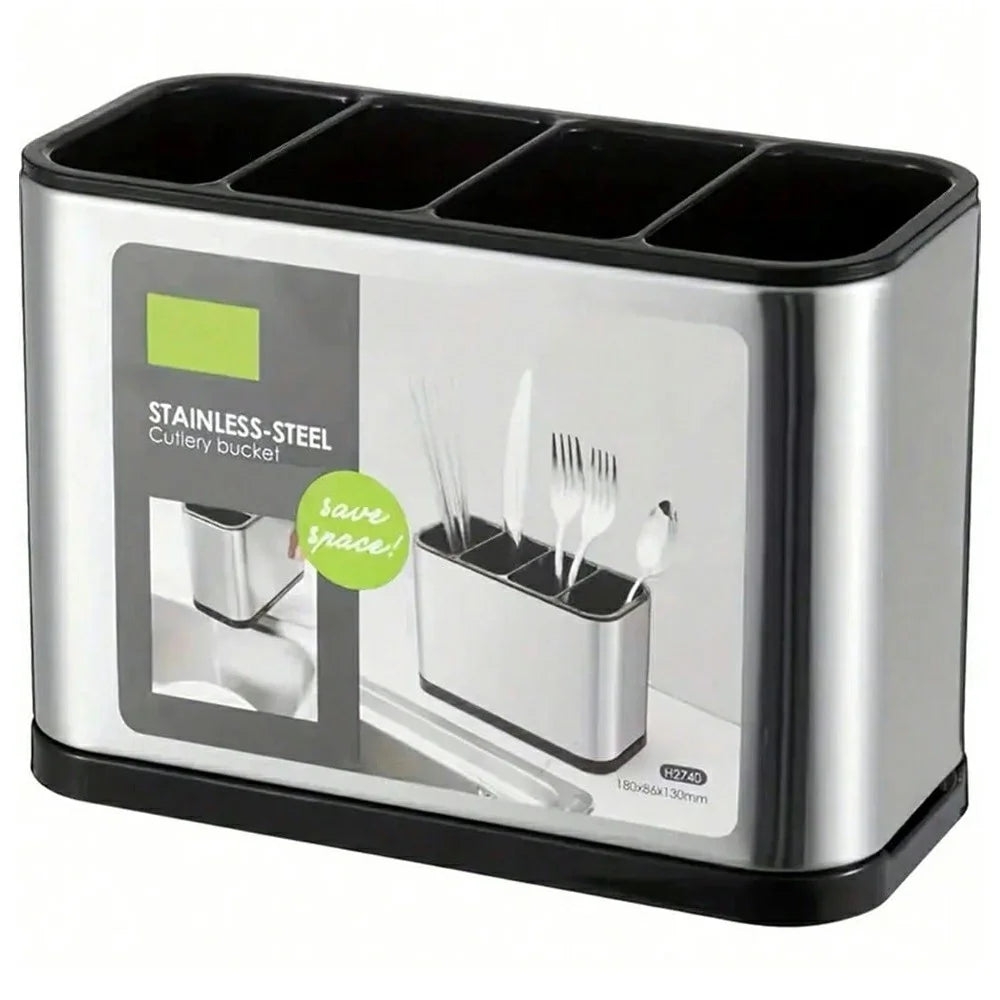 Stainless Steel Shell Kitchen Utensil Holder 4 Grids Cutlery Organizer Non Slip Drainage Bucket - 1