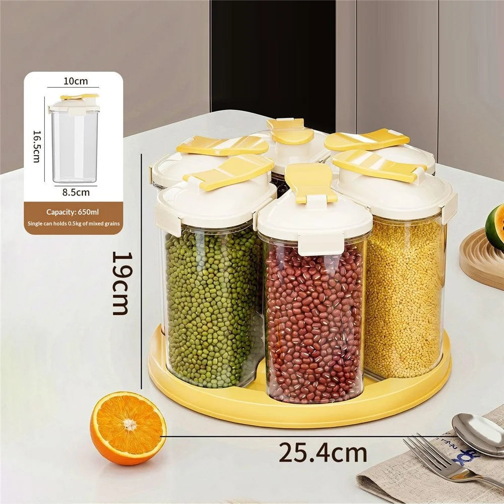 6Pcs Rotating Clear Food Storage Jar Clear Grain Containers with 360 Degree Base Fresh-Keeping Box for Kitchen Organization (BPA Free, No FDA) - Yellow - 1